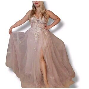 Gianni Bini Formal Gown Princess TULLE CORSET PROM DRESS FLORAL EMBROIDERY NWT M